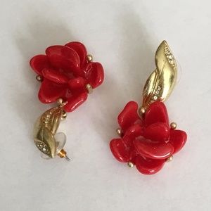 Oscar de la Renta Red Crystal Floral Earrings